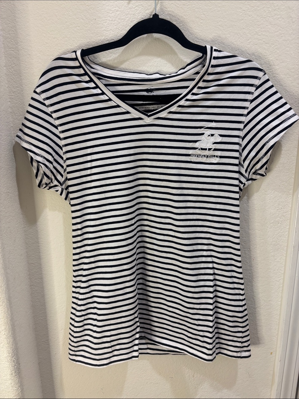 Beverly Hills Polo Club Women's Black & White Striped V-Neck Tee